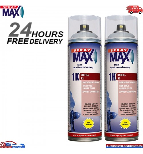 2x SPRAYMAX 1K UNIFILL PRIMER AEROSOL 500ML - S2 LIGHT GREY 680421